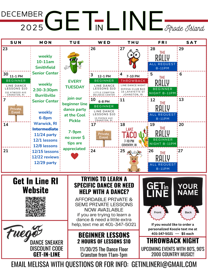 December line dance calendar Get in Line RI